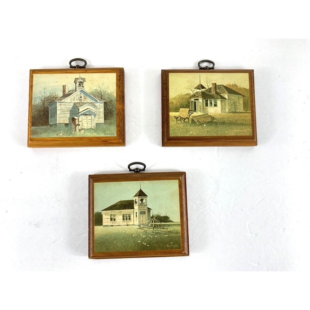 3 Vintage Mini Prints Church School House Wood Hanging Pictures Handcrafted